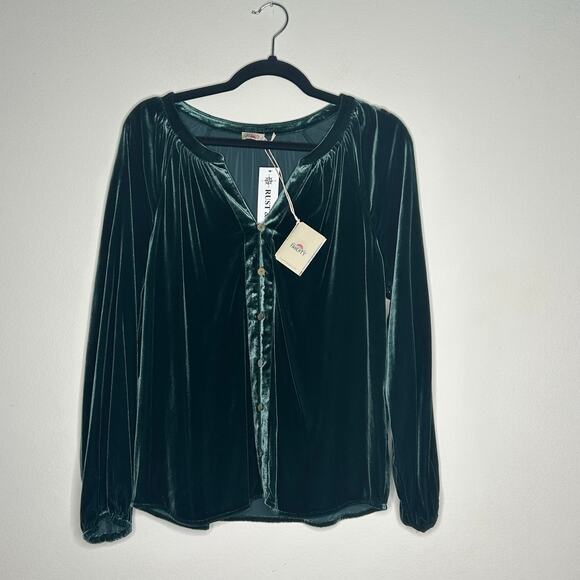 Faherty Silk Velvet Emerald Green V-Neck Blouse Stretch Naomi Sz M - Picture 4 of 11
